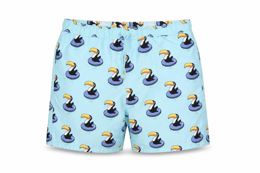 Front view of ASOS Men’s Blue M Toucan Print Drawstring Swim Shorts Mesh Lined