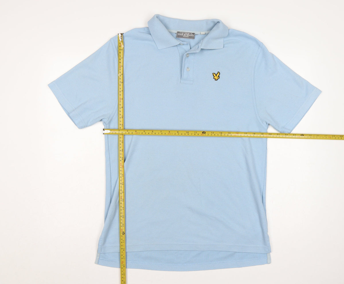 Close-up detail of Lyle & Scott Men’s Blue L Vintage Logo Short Sleeve Pique Polo