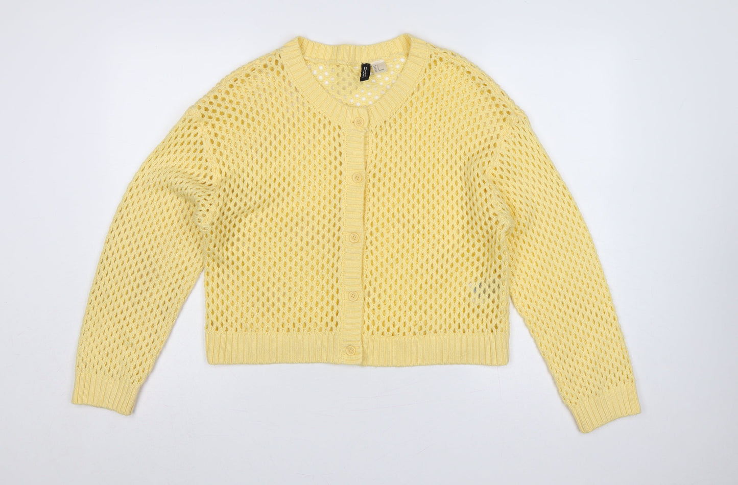 H&M Divided Women Yellow L Open-Knit Button Cardigan Long Sleeve
