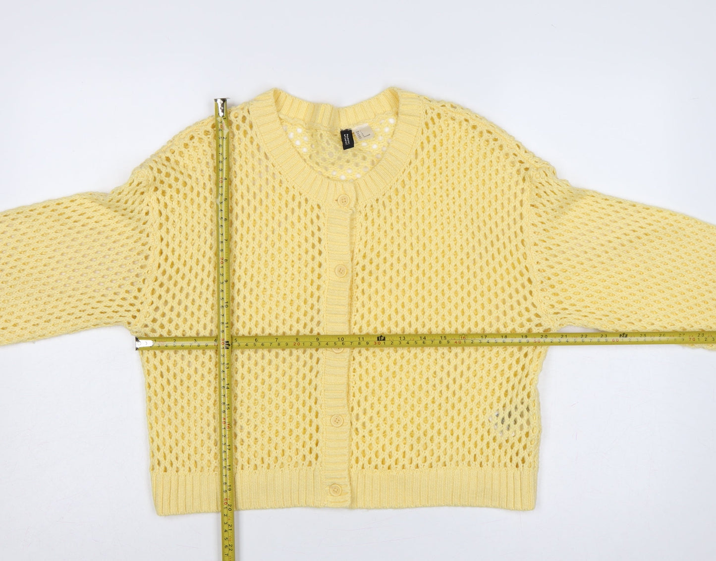 H&M Divided Women Yellow L Open-Knit Button Cardigan Long Sleeve