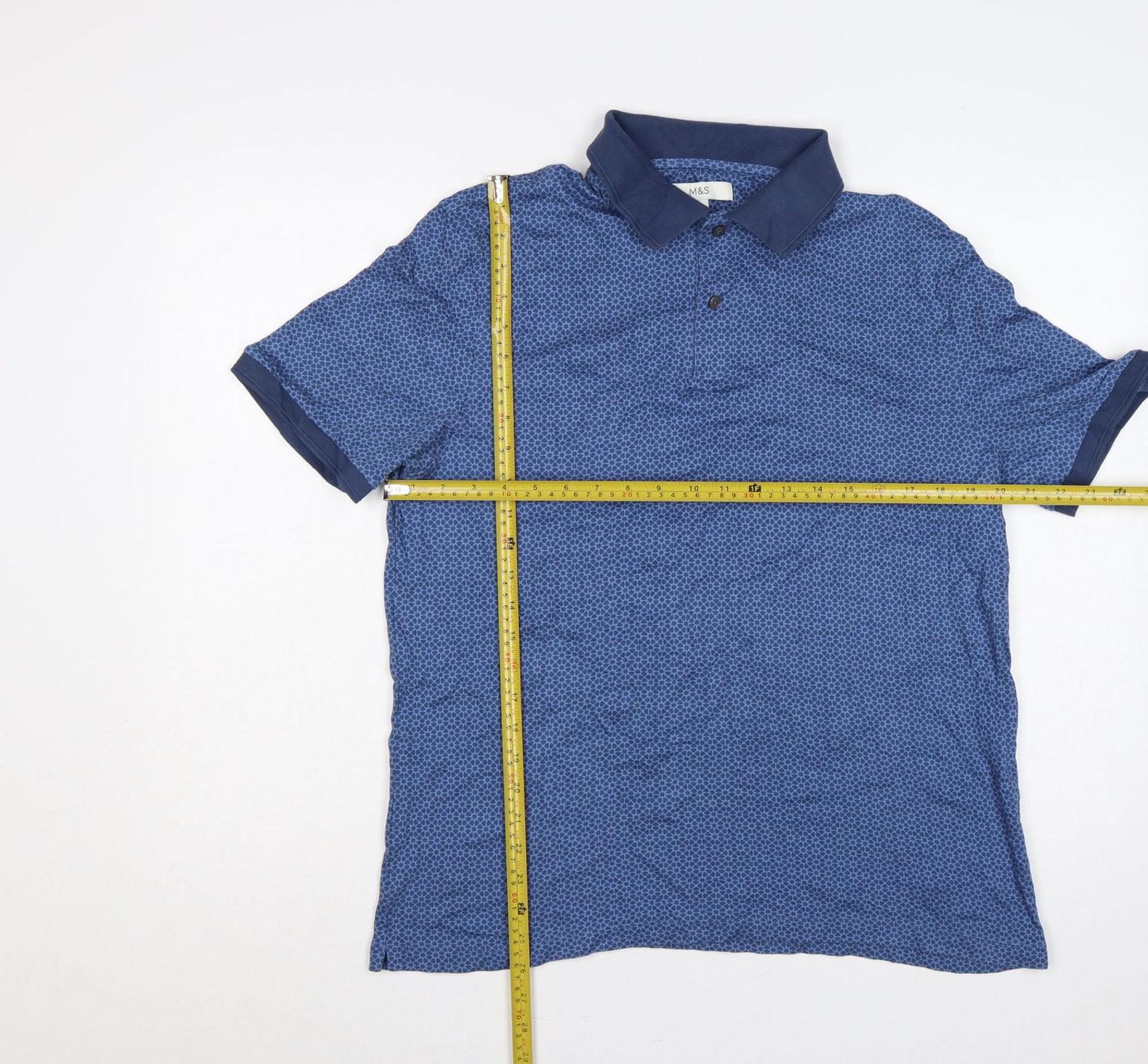 Marks & Spencer Men's Blue L Geometric Print Cotton Short Sleeve Polo