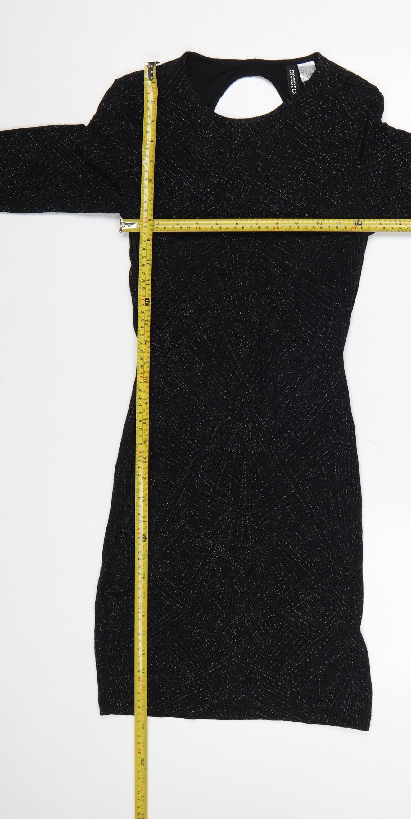 Divided Women Black UK 8 Bodycon Knee Dress Long Sleeve Glitter Cut Out