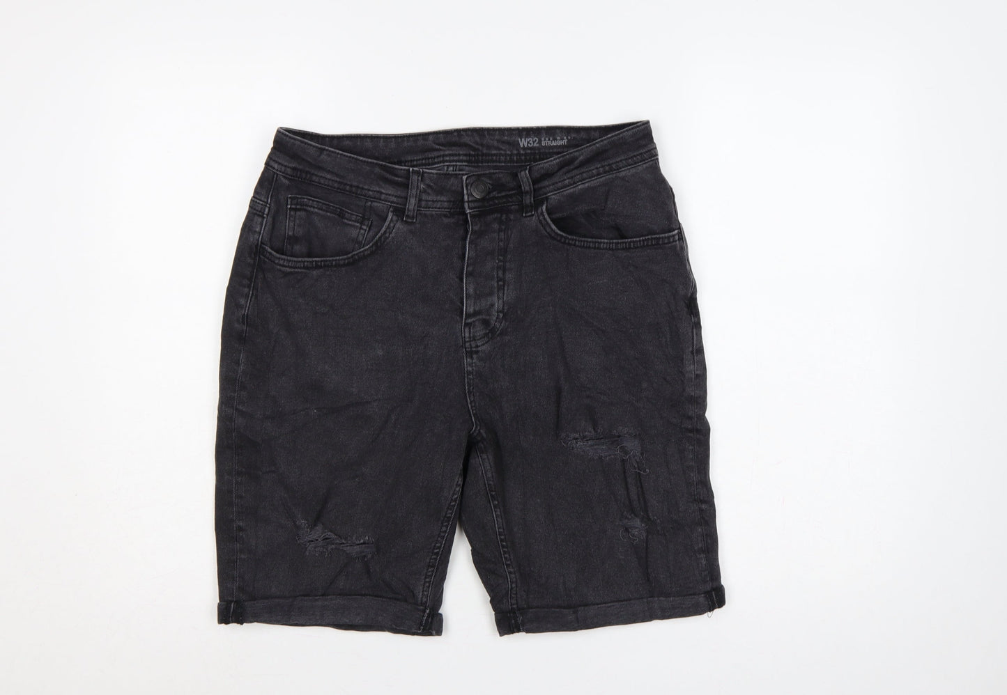Denim Co. Men’s Black W32 Straight Distressed Denim Shorts Regular Fit