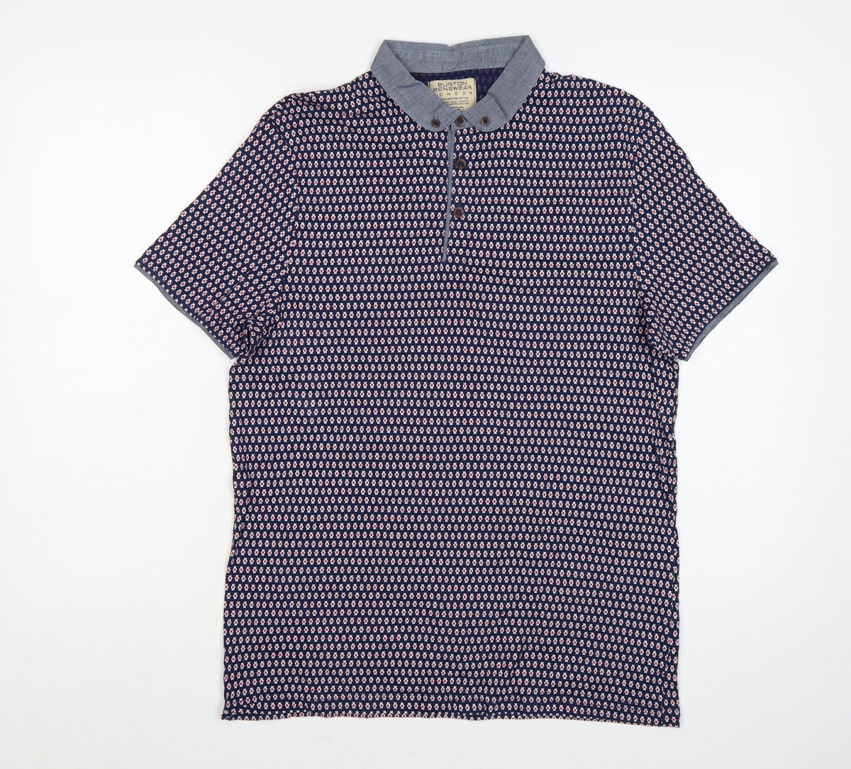 Back view of Burton Menswear London Men's Blue Geometric Print Button-Down Polo M