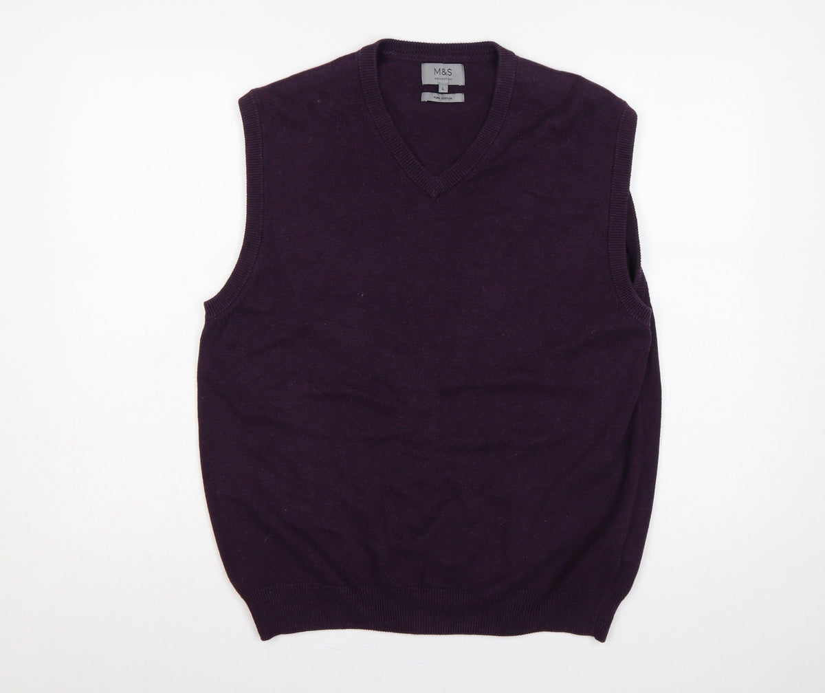 Marks & Spencer Men’s Purple L Pure Cotton V-Neck Knit Vest Jumper