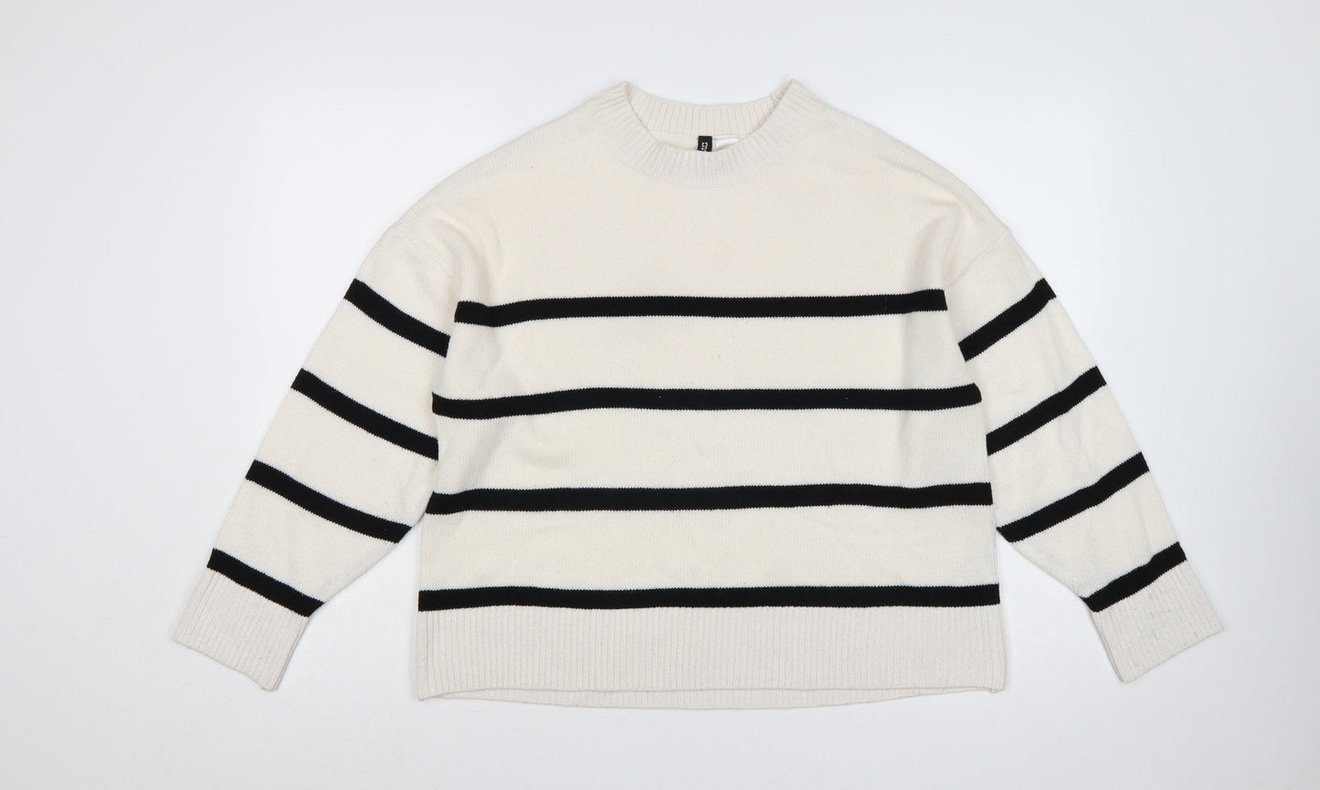 H&M Divided Women Ivory Black Striped Crew Neck Knit Jumper M