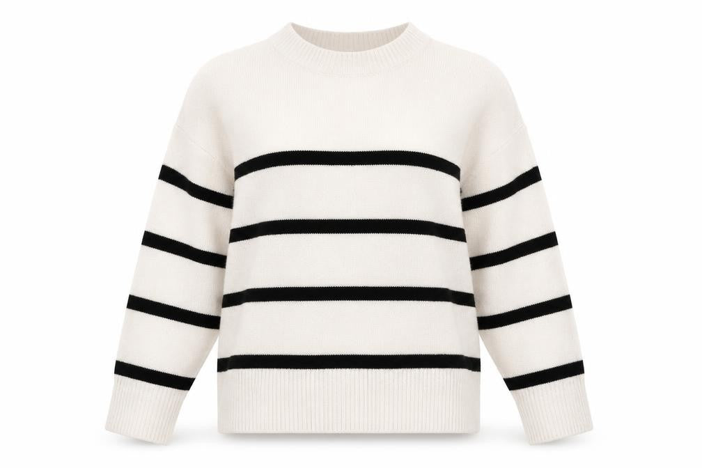 H&M Divided Women Ivory Black Striped Crew Neck Knit Jumper M