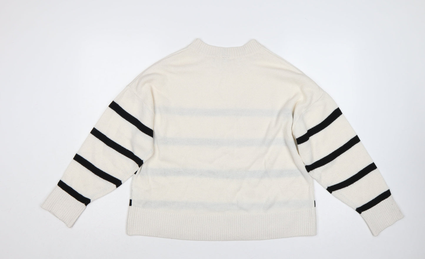 H&M Divided Women Ivory Black Striped Crew Neck Knit Jumper M