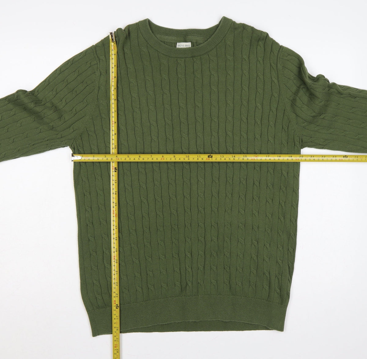 Close-up detail of Racing Green Men’s Green L Cable-Knit Crew Neck jumper