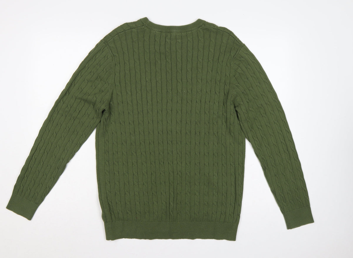 Brand and care label for Racing Green Men’s Green L Cable-Knit Crew Neck jumper
