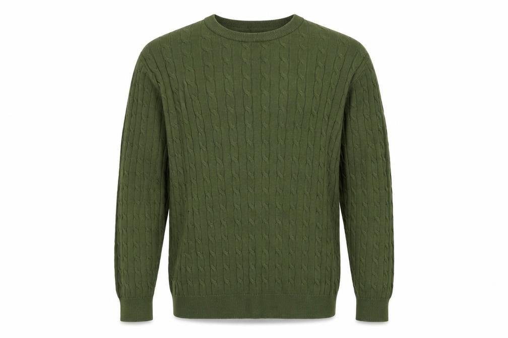 Front view of Racing Green Men’s Green L Cable-Knit Crew Neck jumper