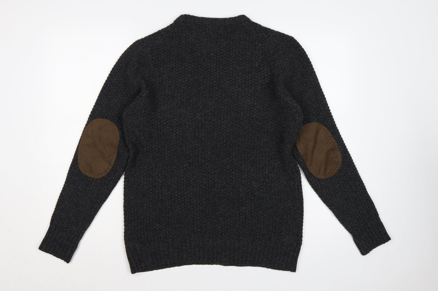 Viyella Men’s Grey M Pure Wool Crew Neck Pullover Suede Elbow Patches