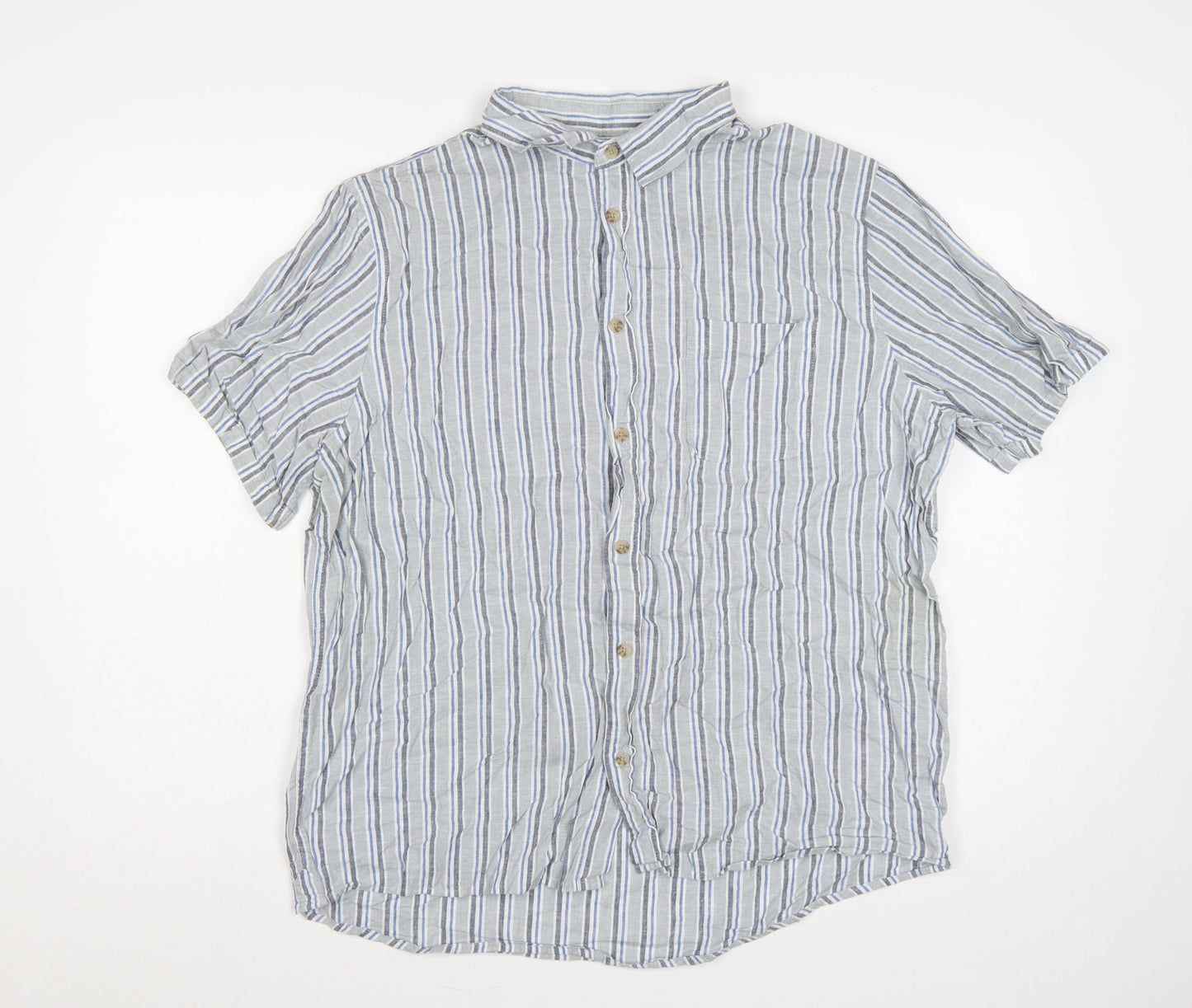 Dunnes Stores Men Grey Blue Striped Linen Cotton Shirt XL