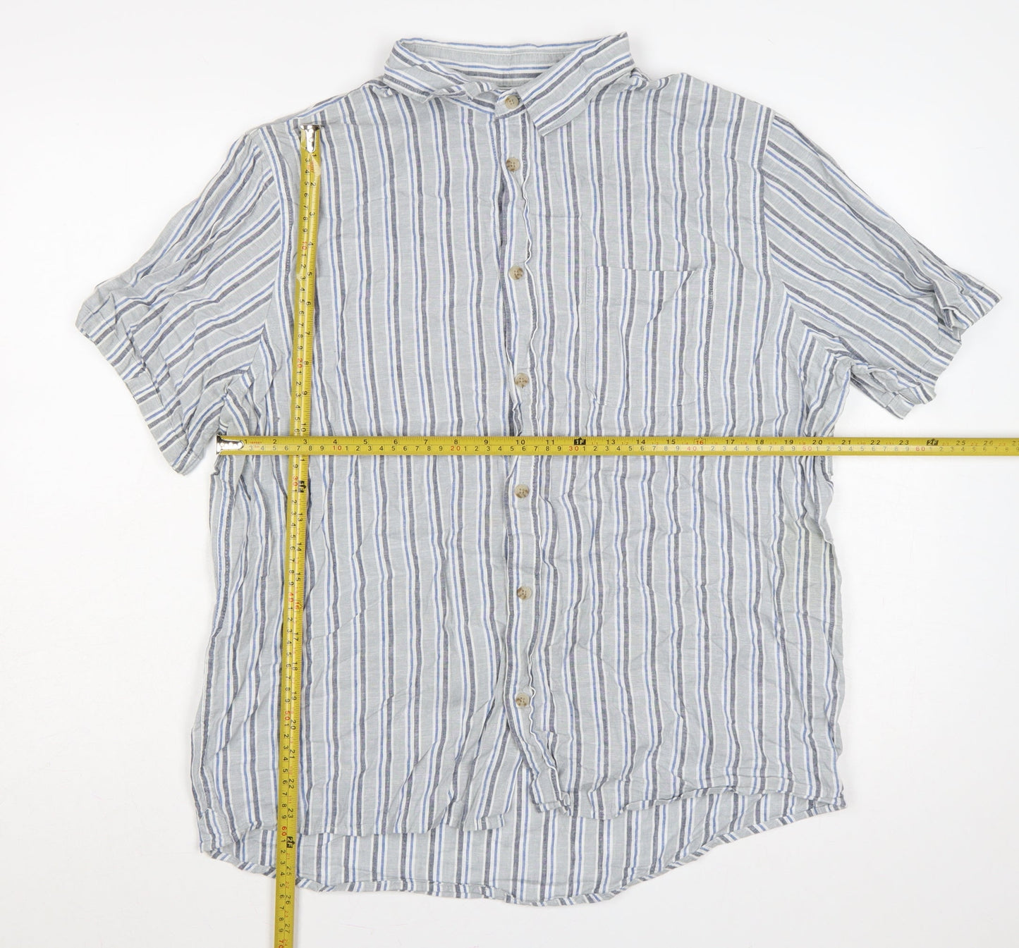 Dunnes Stores Men Grey Blue Striped Linen Cotton Shirt XL