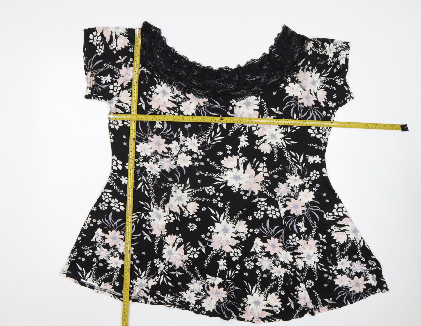 Yours Women Black Floral Lace Jersey Tunic Blouse Size 22