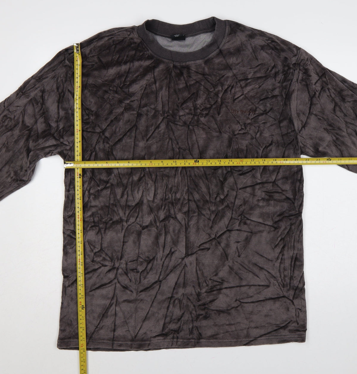 Close-up detail of Urban Outfitters Men Grey L Crushed Velvet Crew Neck Pullover Sweatshirt