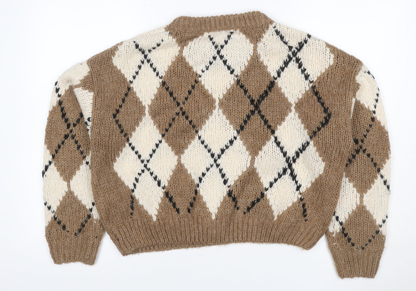 Pull&Bear Women’s Brown Argyle Chunky Knit Crew Neck Jumper UK 12