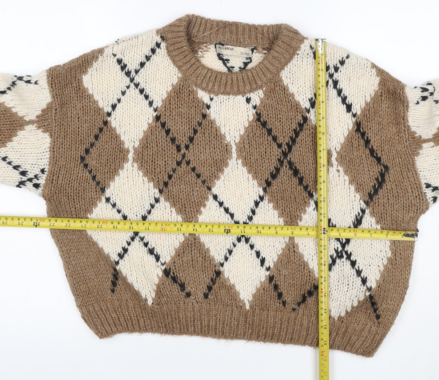 Pull&Bear Women’s Brown Argyle Chunky Knit Crew Neck Jumper UK 12