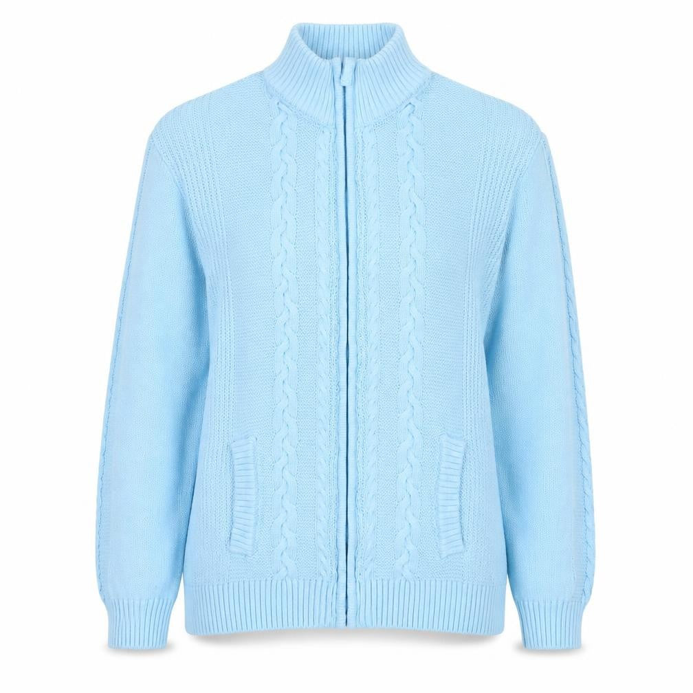 Isle Women Blue L Cable-Knit Full Zip High Neck Cotton Cardigan
