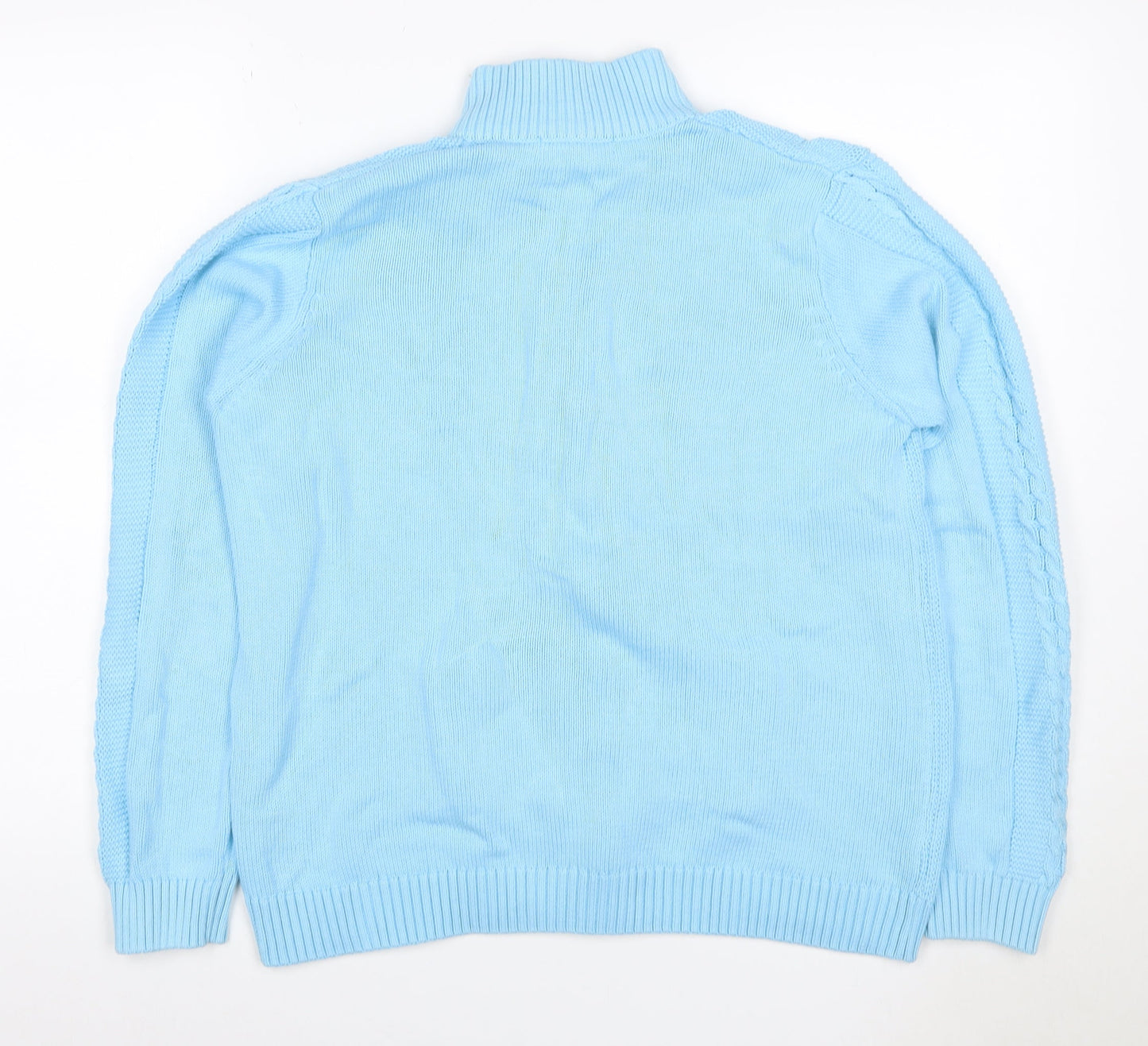 Isle Women Blue L Cable-Knit Full Zip High Neck Cotton Cardigan