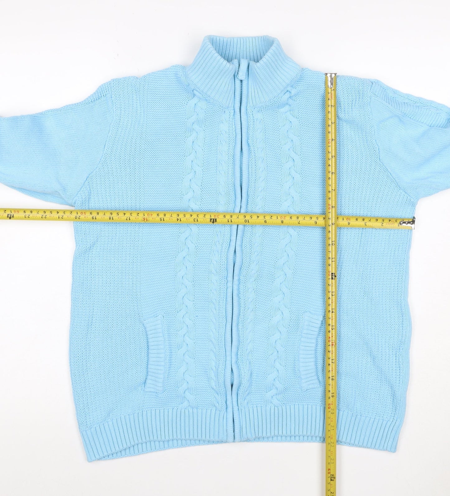 Isle Women Blue L Cable-Knit Full Zip High Neck Cotton Cardigan