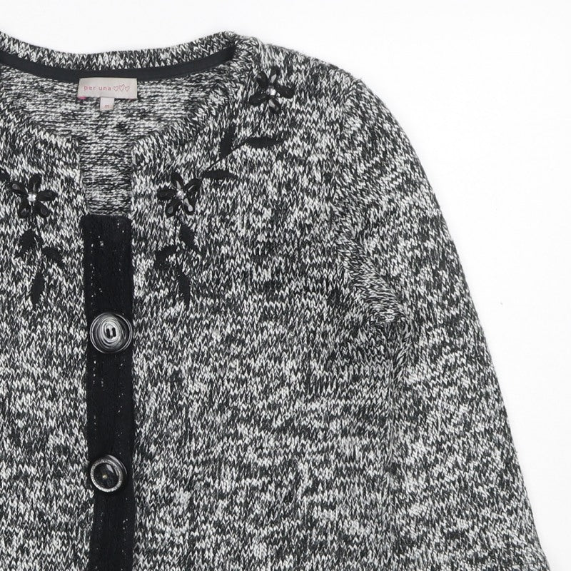 Per Una Women's Black Grey M Floral Embellished Button Knit Cardigan
