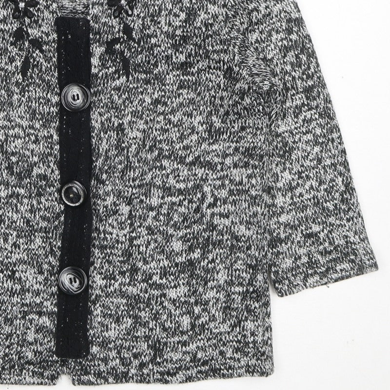 Per Una Women's Black Grey M Floral Embellished Button Knit Cardigan