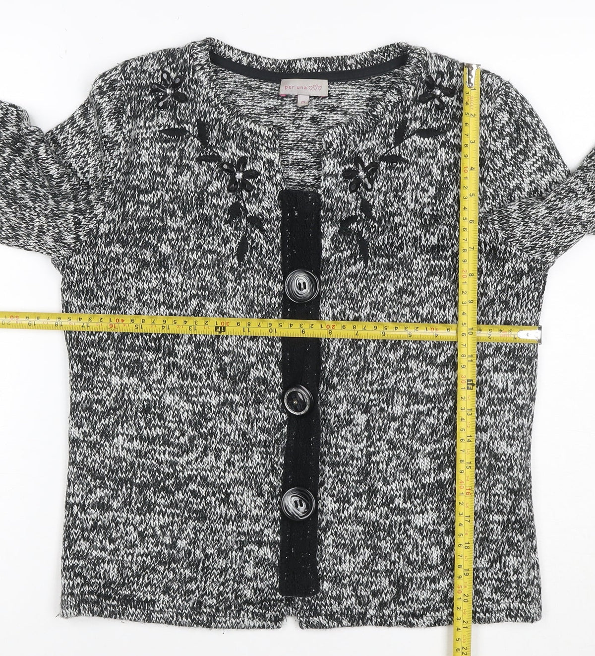 Per Una Women's Black Grey M Floral Embellished Button Knit Cardigan