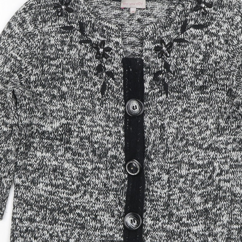 Per Una Women's Black Grey M Floral Embellished Button Knit Cardigan