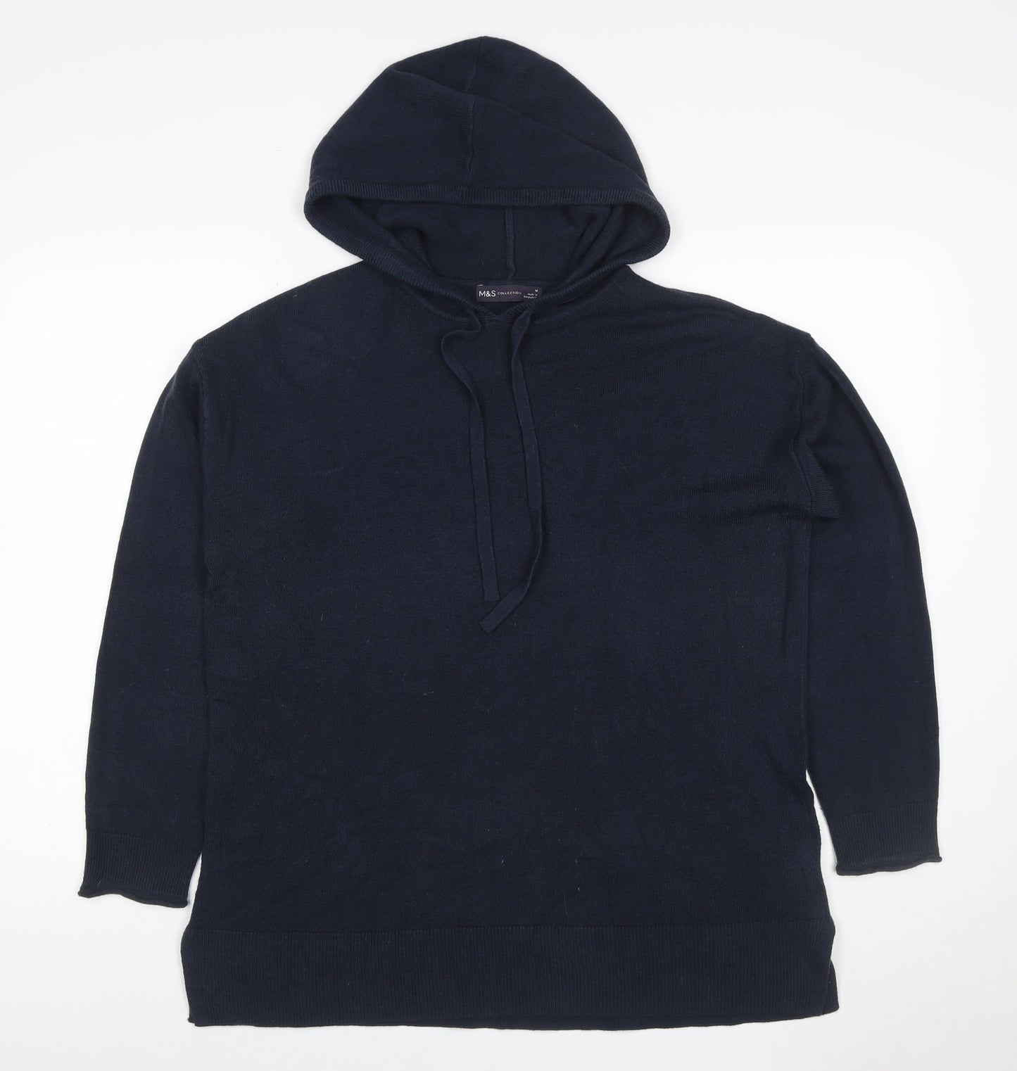 Marks and Spencer Women Blue M Knit Hooded Pullover Hoodie Drawstring