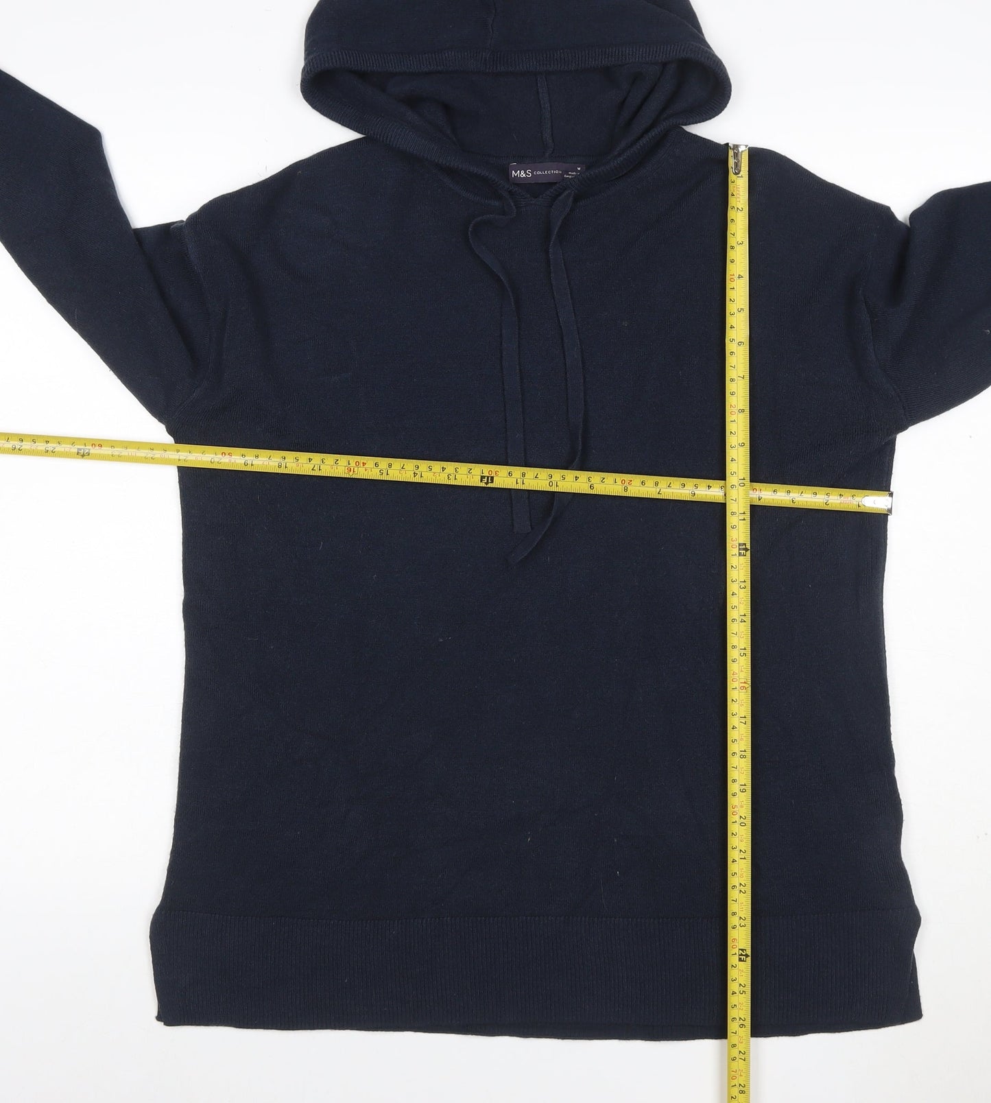 Marks and Spencer Women Blue M Knit Hooded Pullover Hoodie Drawstring