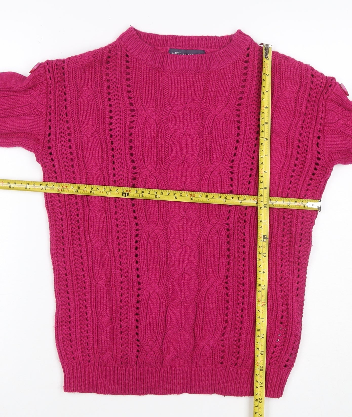 Marks and Spencer Women Pink UK 8 Cable Knit Button Sleeve Jumper