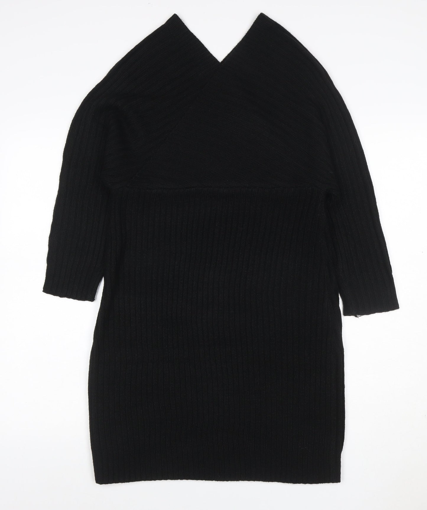Boohoo Women Black L Ribbed Knit V-Neck Bodycon Knee Dress