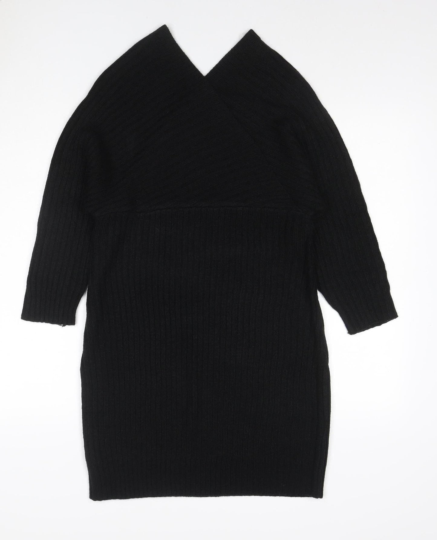 Boohoo Women Black L Ribbed Knit V-Neck Bodycon Knee Dress