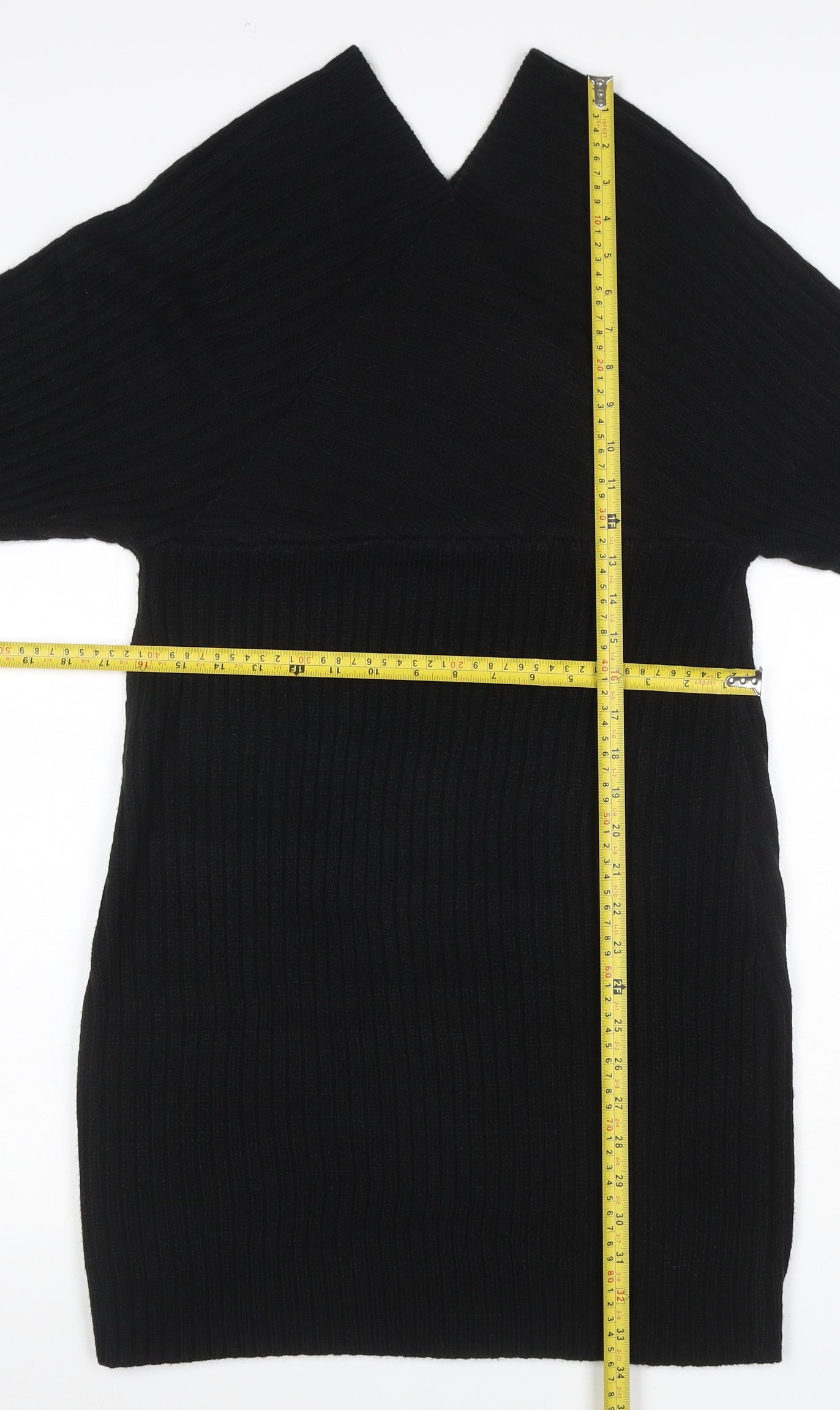 Boohoo Women Black L Ribbed Knit V-Neck Bodycon Knee Dress