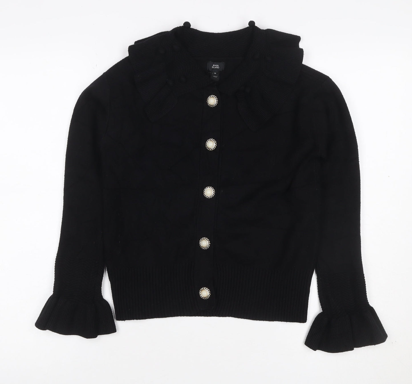 River Island Women Black Size 10 Collared Button Bell Sleeve Cardigan
