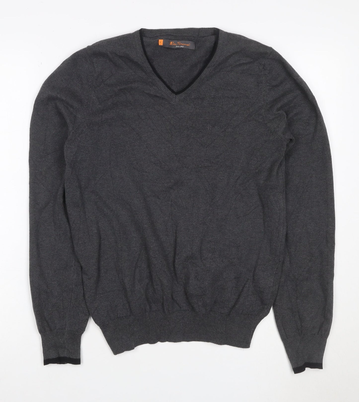 Ben Sherman Men’s Grey V-Neck Cotton Pullover Jumper Size S