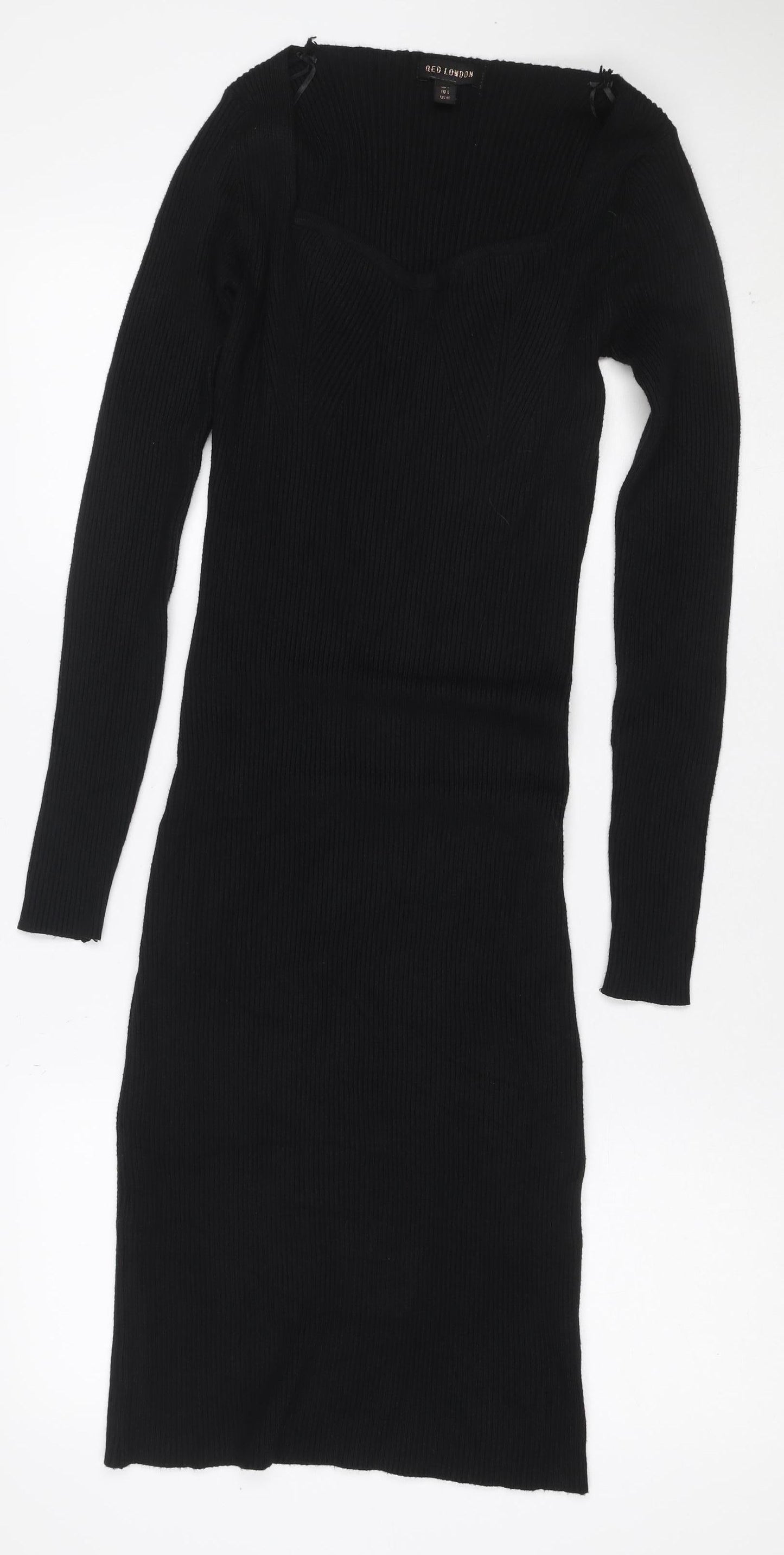 QED London Women Black L Ribbed Knit V-Neck Midi Jumper Dress