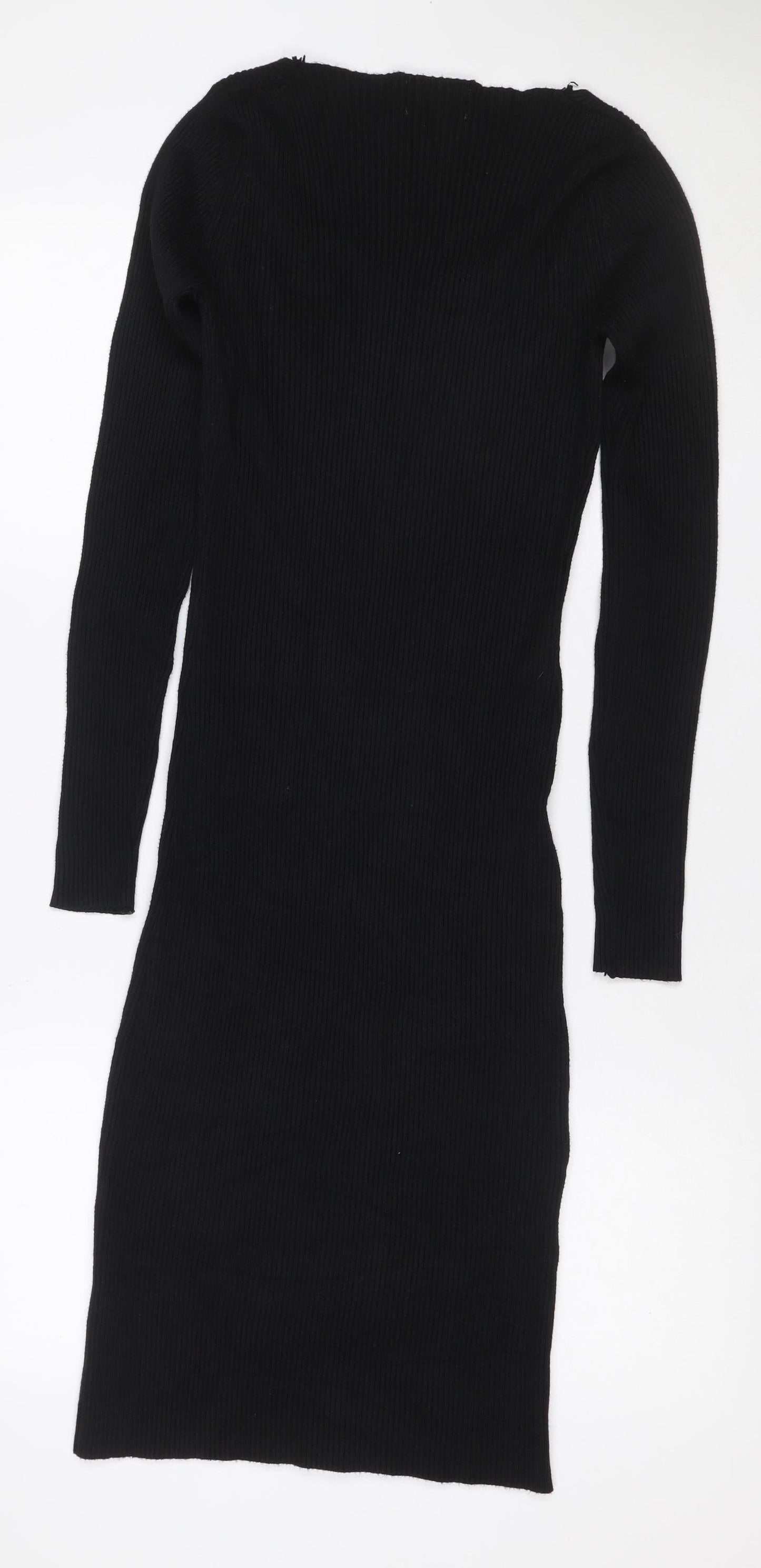 QED London Women Black L Ribbed Knit V-Neck Midi Jumper Dress