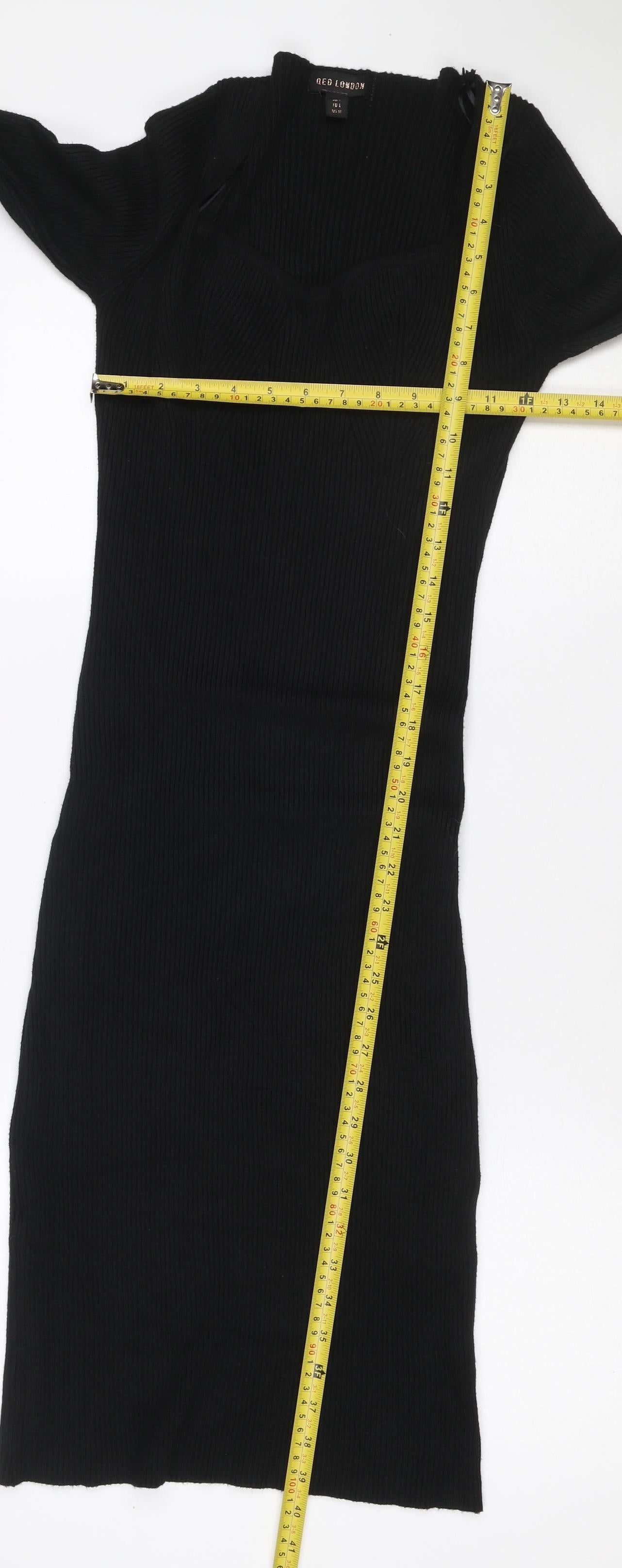 QED London Women Black L Ribbed Knit V-Neck Midi Jumper Dress