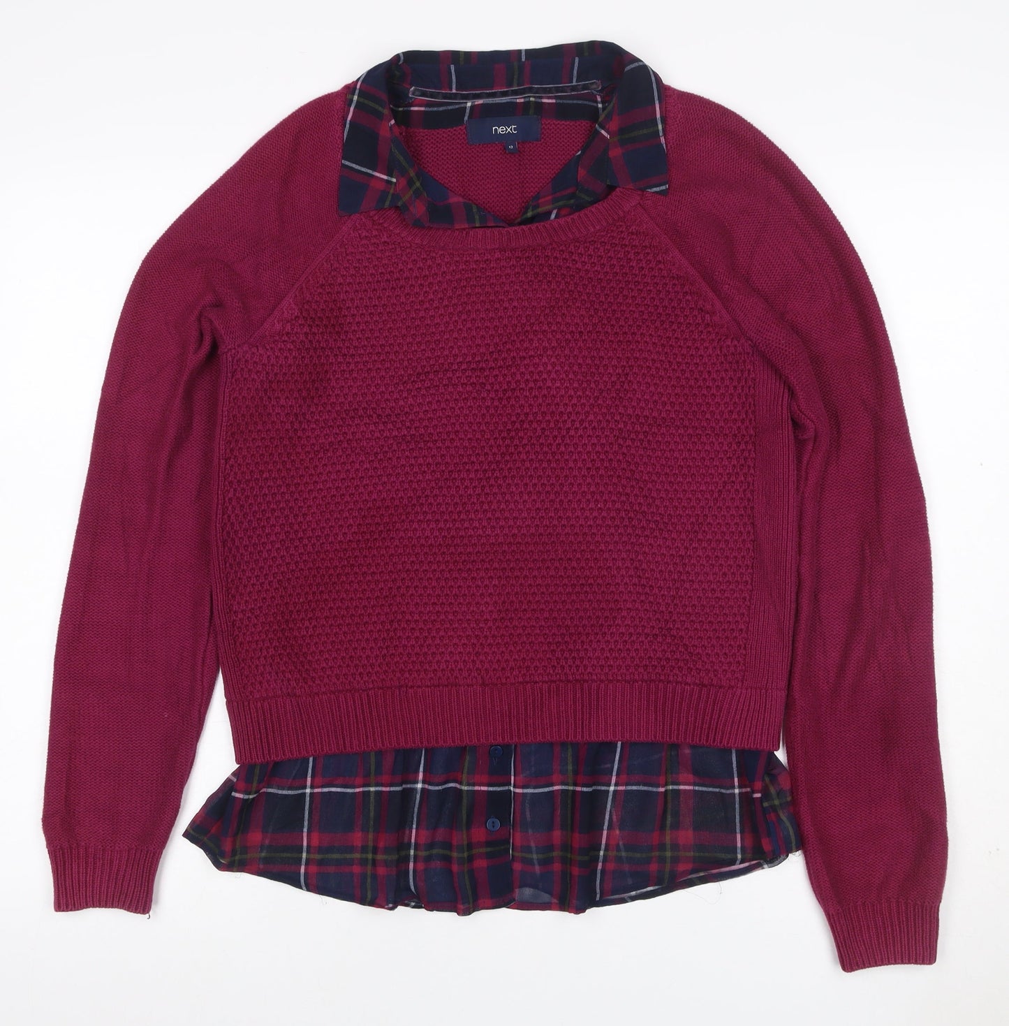Next Women Pink UK 12 Collared Layered Plaid Shirt Knit Jumper