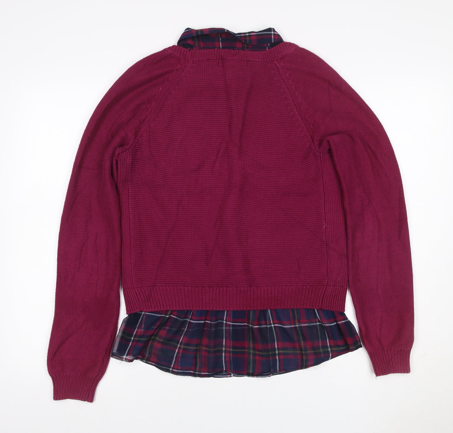 Next Women Pink UK 12 Collared Layered Plaid Shirt Knit Jumper