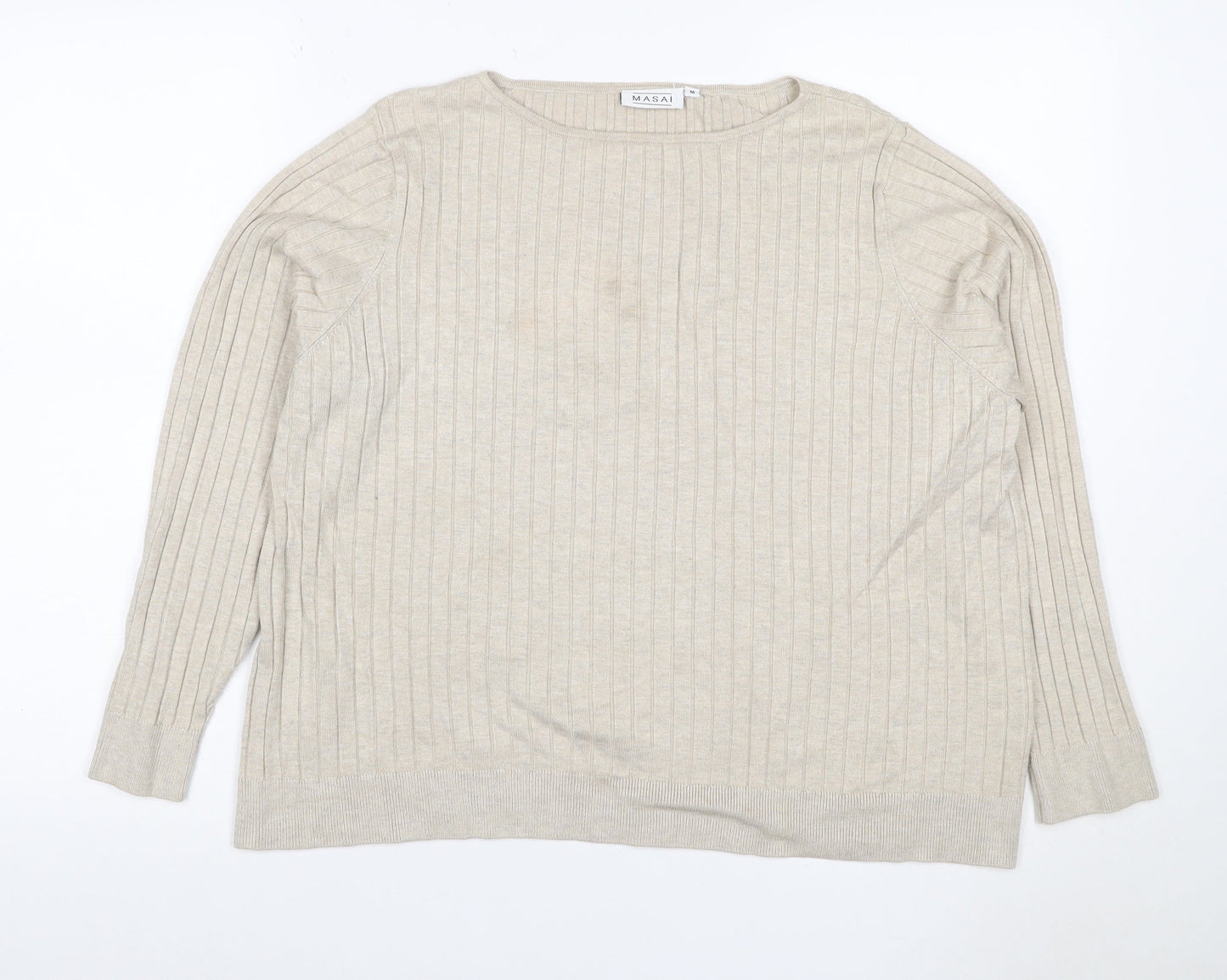 Masai Women Beige M Ribbed Viscose Knit Long Sleeve Basic Top