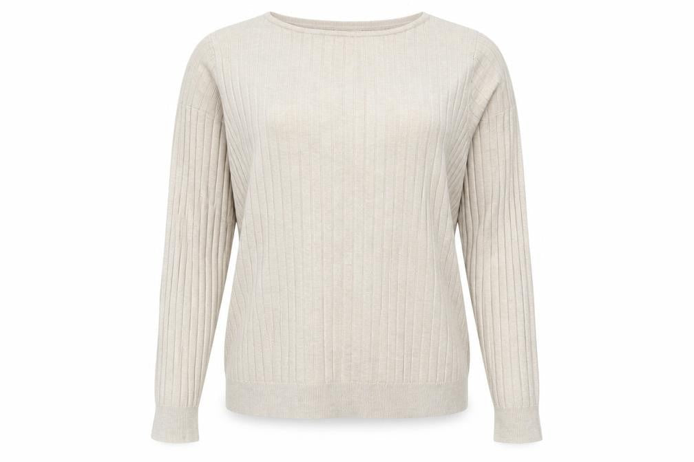 Masai Women Beige M Ribbed Viscose Knit Long Sleeve Basic Top