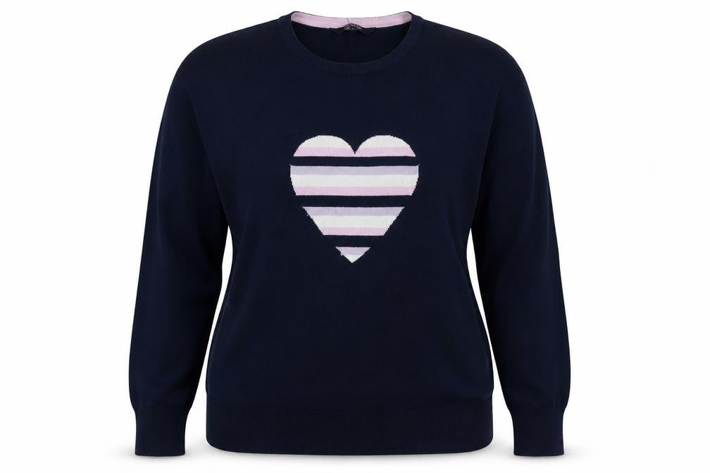 Front view of Maine New England Women’s Navy Heart Knit Jumper, size UK 14, Cotton