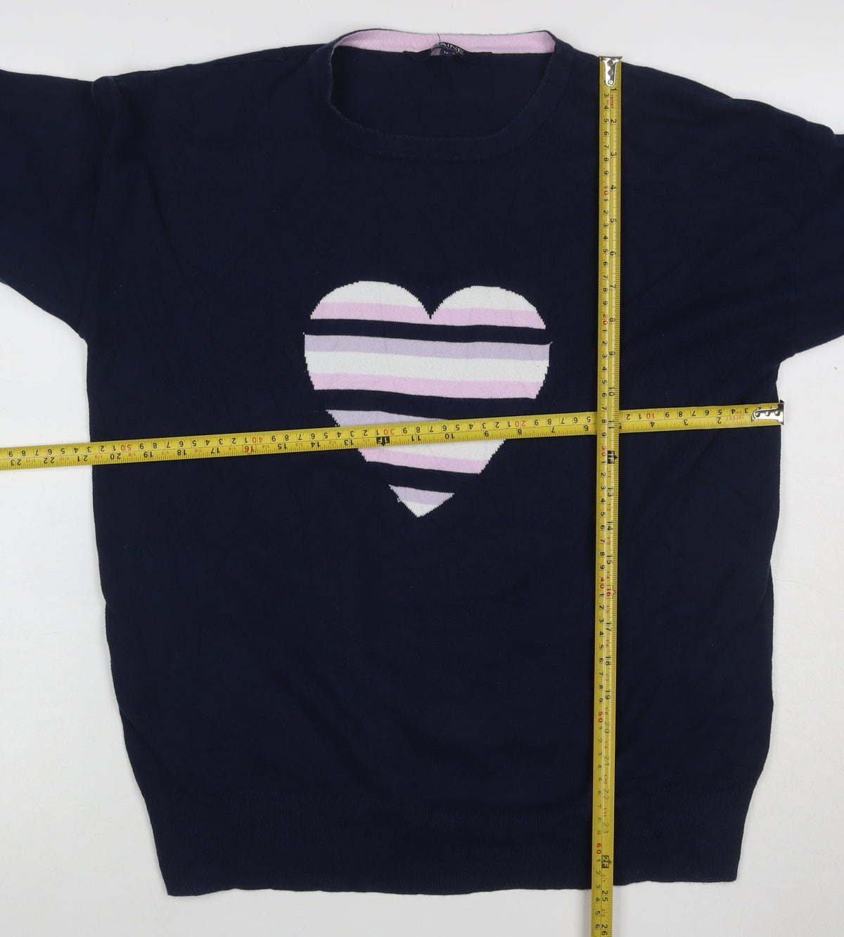 Close-up detail of Maine New England Women’s Navy Heart Knit Jumper, size UK 14, Cotton