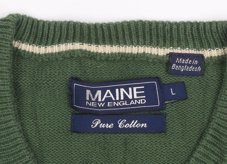 Maine New England Men's Green L V-Neck Pure Cotton Pullover Jumper