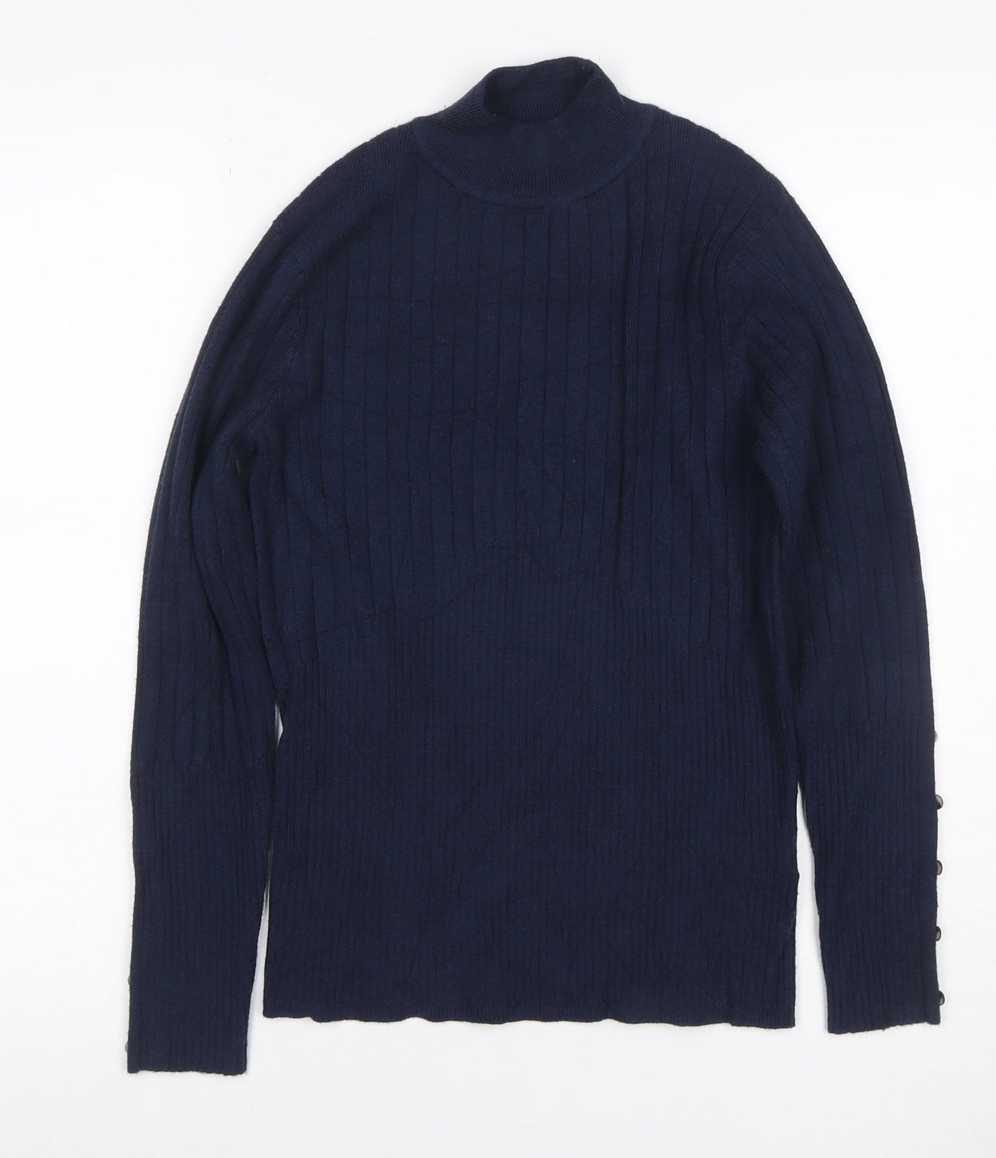 M&S Collection Women’s Navy UK 12 Ribbed Roll Neck Button Sleeve Jumper