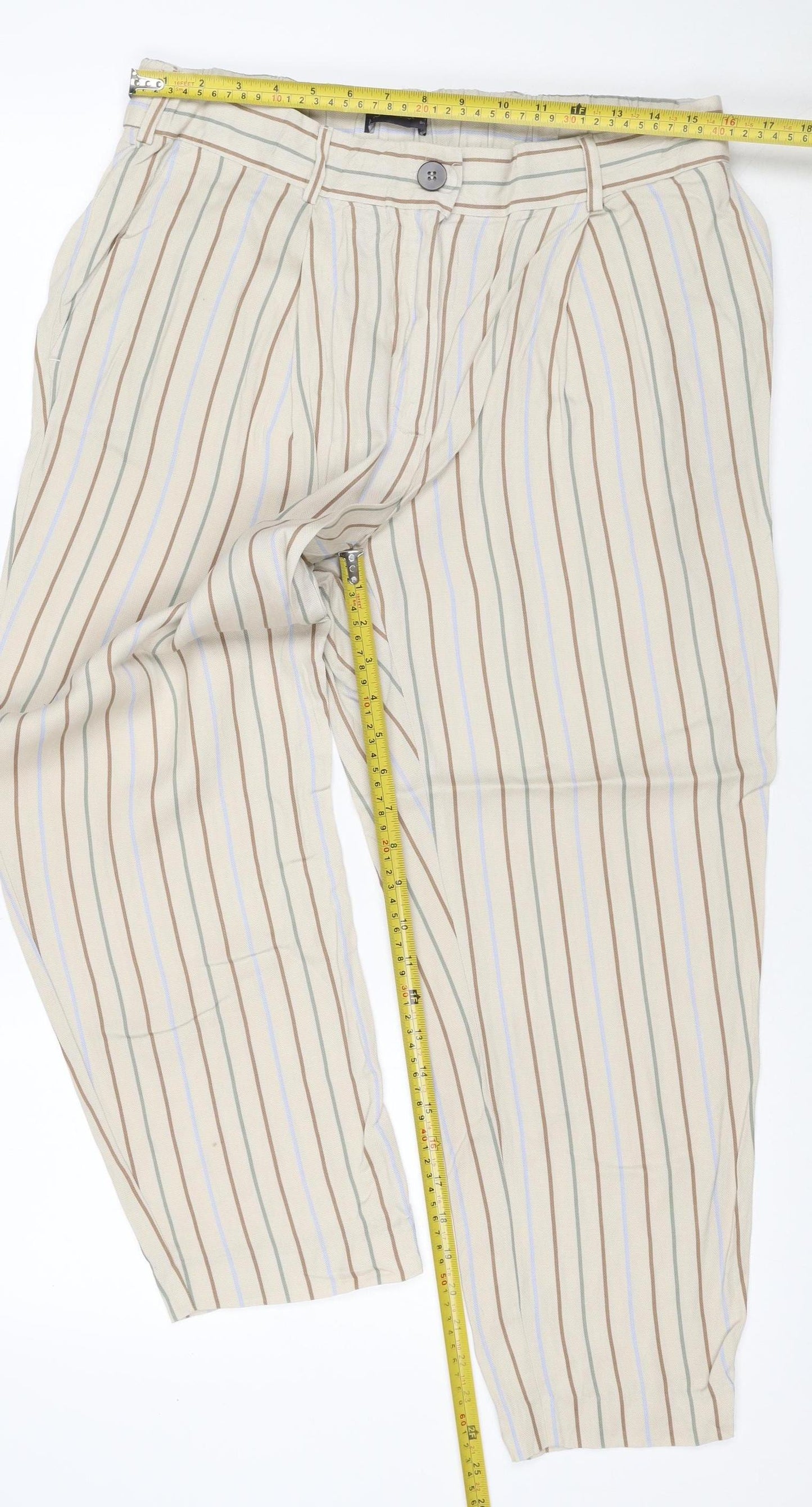 Marks & Spencer Women Beige Stripe Wide-Leg Trousers UK 14