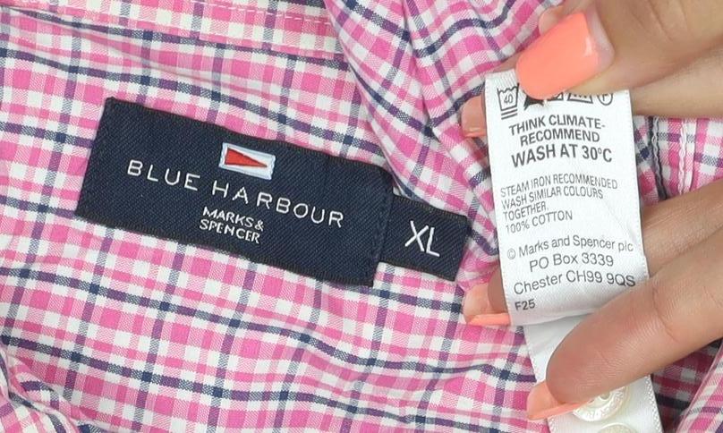 M&S Blue Harbour Men Pink Check Cotton Button Down Shirt XL